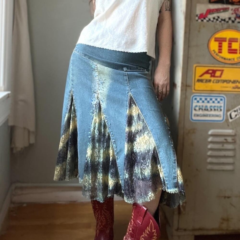 Vintage Y2K Scandi Denim Midi Skirt | Boho Lace Panel Pleated Flare | Size 29"